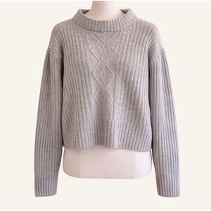 Sweaterland Grey Ribbed Cable Knit Crew Neck Puffed Sleeve Sweater NW0383 Large